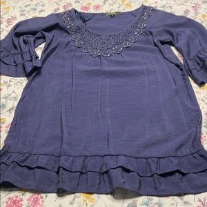 Love Stitch top, bell sleeve, blue, crochet lace.  Size Medium.